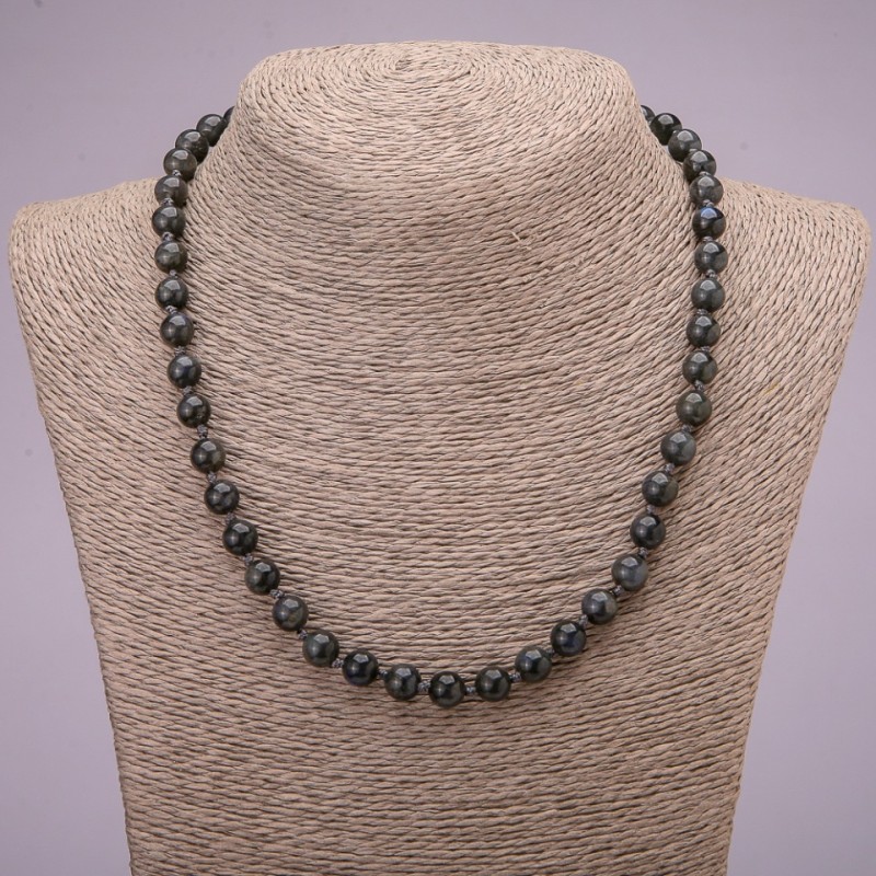 Labradorite natural stone necklace with smooth beads, 8 mm diameter, 45 cm length