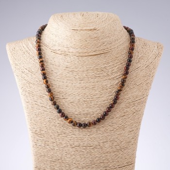 Necklace of Tiger's Eye, Bull's Eye, and Hawk's Eye with smooth beads, 6 mm diameter, 45 cm length