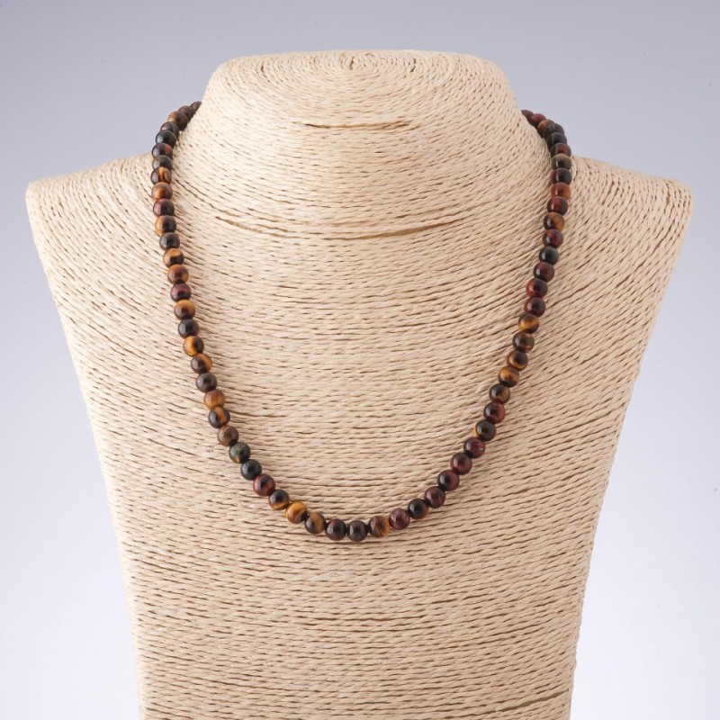 Necklace of Tiger's Eye, Bull's Eye, and Hawk's Eye with smooth beads, 6 mm diameter, 45 cm length