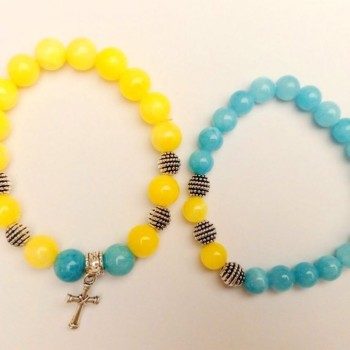 Bracelet 'Ukraine' Pair Aquamarine and Citrine (imitation acrylic) Smooth beads with silver-tone inserts on elastic, length 18 cm+