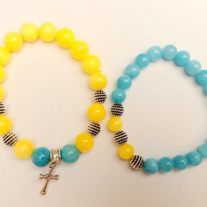 Bracelet 'Ukraine' Pair Aquamarine and Citrine (imitation acrylic) Smooth beads with silver-tone inserts on elastic, length 18 cm+