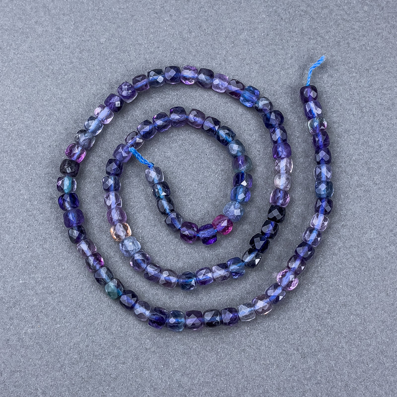 Fluorite Beads, Natural Stone, Faceted Cube on Thread, Diameter 4.5×4.5 mm, Length 38 cm