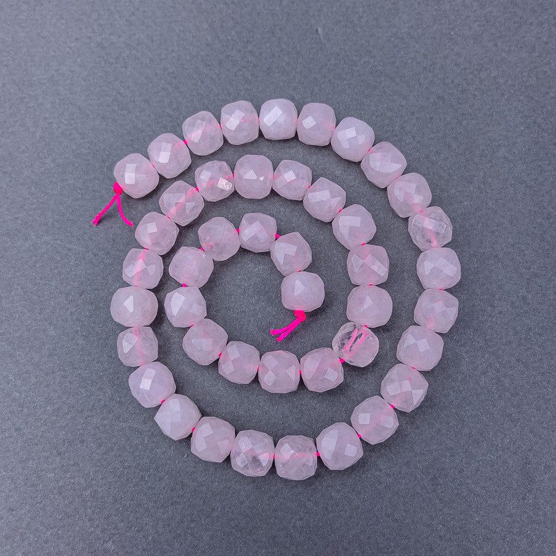 Pink Quartz Beads, natural stone, faceted cube on thread, diameter 9x9 mm+-, length 38 cm+