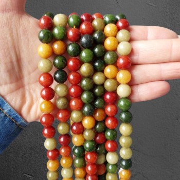 Assorted Natural Stone Beads, Smooth Spheres, 10.5 mm Diameter ± on Thread, Length 38 cm+