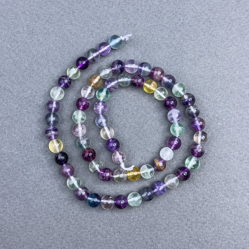 Fluorite beads, natural stone, smooth spheres, diameter 6 mm ±, on thread, length 40 cm +