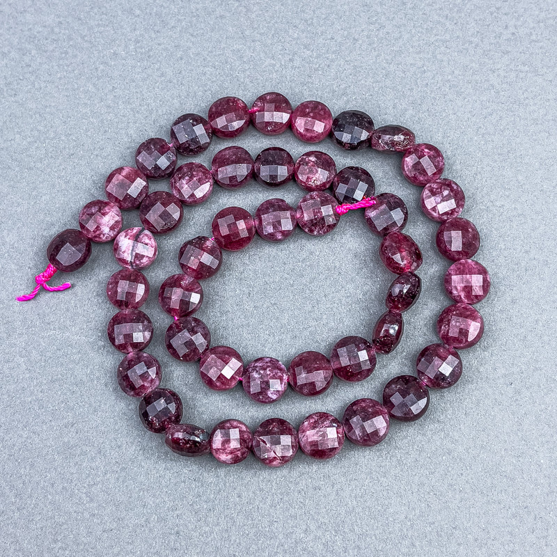 Tourmaline Rubellite Beads, Natural Stone, Faceted Coin Beads, Diameter 8x5 mm, on Thread, Length 37 cm