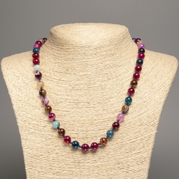 Multicolor Agate Natural Stone Necklace with Smooth Beads, 8 mm Diameter, 50 cm Length +