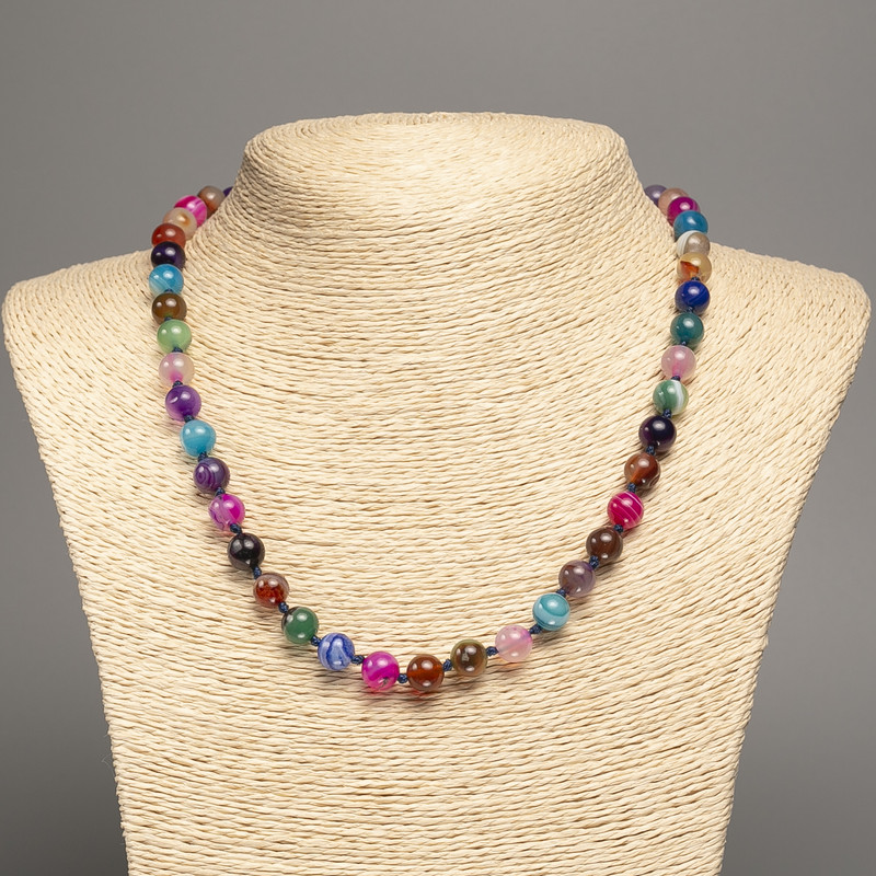 Necklace of natural agate stones, multicolored, smooth bead, 8mm diameter, 50cm length +