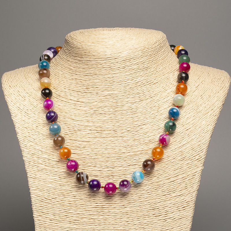 Multicolored agate natural stone necklace with smooth beads, 10 mm diameter, 50 cm length +