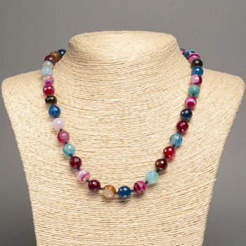 Multicolored agate natural stone necklace with a 10 mm faceted bead, 50 cm length +