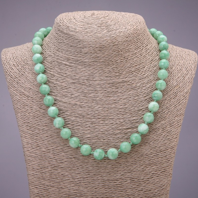 Bead necklace of natural stone Burmese Jadeite, smooth beads, diameter 10 mm, length 45 cm