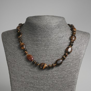 Tiger's Eye Natural Stone Necklace with Flat Oval Beads, 13x18 mm ±, Rondelle Beads 9x5 mm ±, Length 45 cm ±