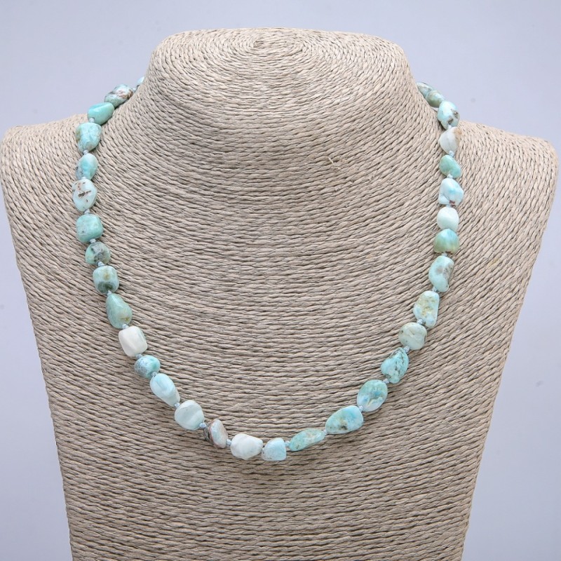 Larimar natural stone necklace, tumbled beads, 6x10 mm diameter, 45 cm length +