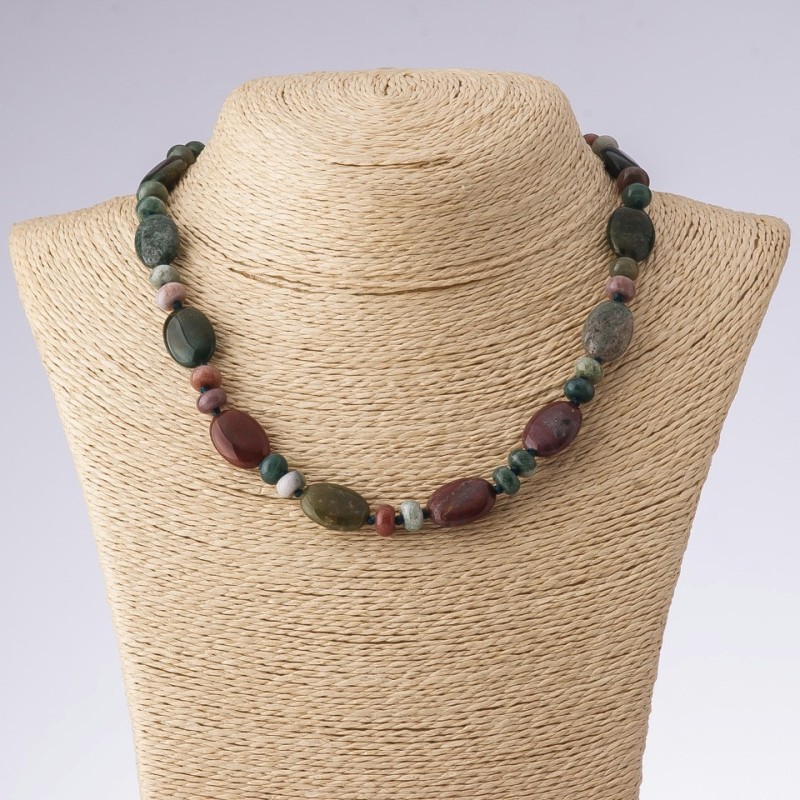 Necklace of natural multicolored jasper stone, oval and disc-shaped, length 45 cm, beads 13×18 mm and 8 mm
