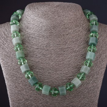 Hexagonal Jade Necklace with Czech Crystal, 48 cm long, 13 mm diameter