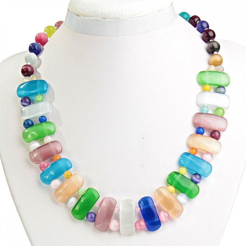 Necklace 'Cleopatra' with Cat's Eye, colored elongated oval 10×25 mm and a bead, length 50 cm