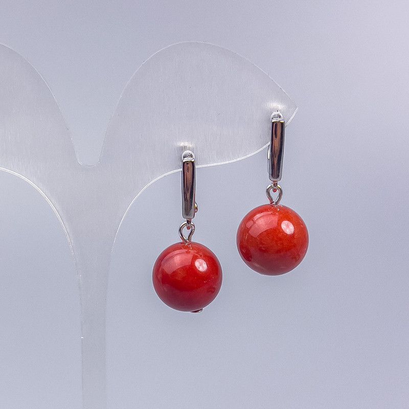 Earrings Red Jasper (named after) smooth ball, diameter 14mm, length 3cm