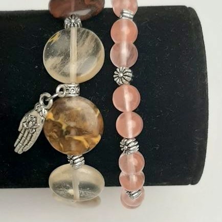 Set of Chalcedony Bracelets, 6.5 mm smooth beads, 15 mm circle diameter, with silver inserts on elastic, length 18 cm+