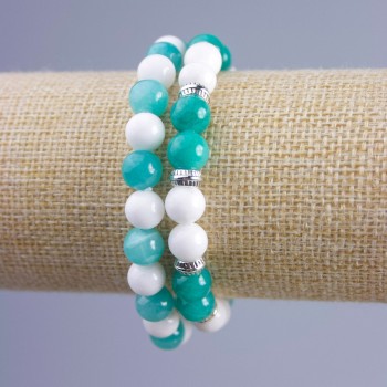 Couple's bracelet with jadeite, amazonite, and white agate (acrylic imitation), 8 mm diameter ± smooth beads on an elastic band, length 18 cm