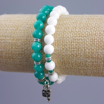 Matching bracelet with Amazonite and White Agate (Acrylic Imitation), 8.5 mm diameter, smooth beads with silver inserts on elastic, length 18 cm