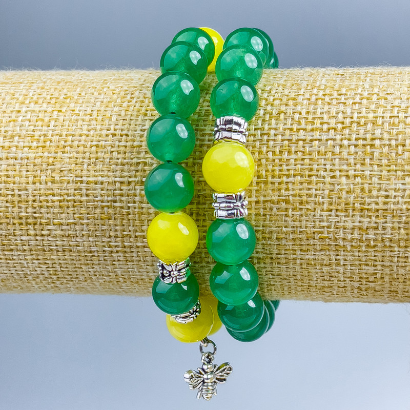 Bracelet 'Ukraine' paired Nephrite, Citrine (imitation acrylic), diameter 10mm +/- smooth beads with silver inserts on elastic, length 18cm+