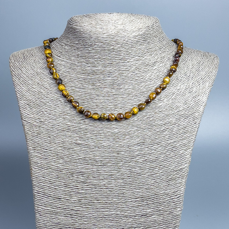 Tiger's Eye Necklace with Natural Stone, Faceted Coin Beads, 6x5 mm diameter, 48 cm length ±