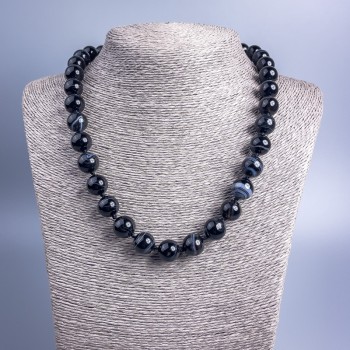 Necklace of natural agate stones, black, smooth beads, 12 mm diameter, 51 cm length +