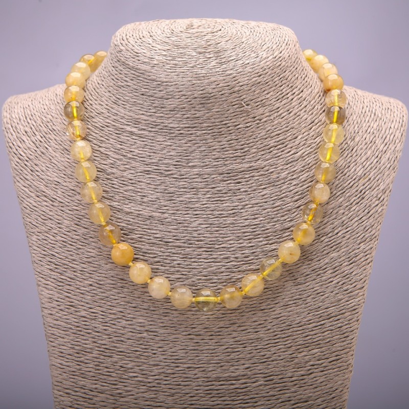 Natural rutilated quartz necklace with smooth beads, diameter 10 mm (±), length 45 cm
