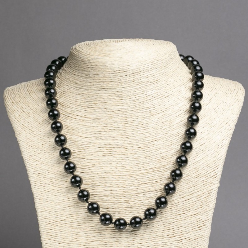 Natural black tourmaline necklace with smooth beads, 10 mm diameter, 45 cm length