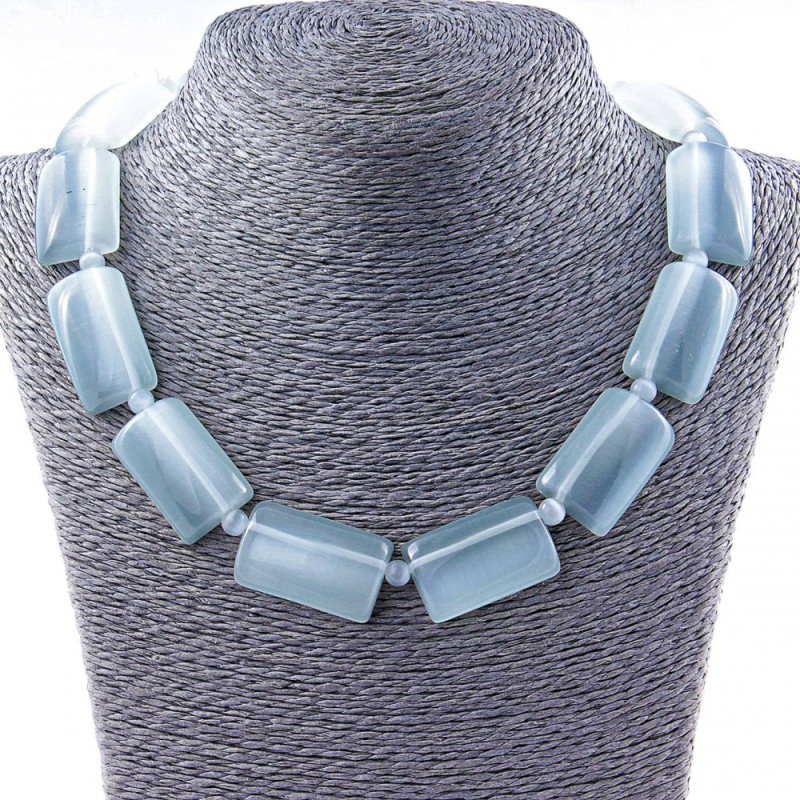Cat's Eye Necklace, Rectangular 33×20 mm with Gray Separator Beads, 50 cm