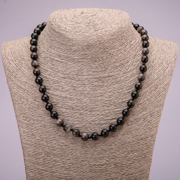 Natural stone necklace: Silvery Obsidian smooth beads, 8(±)mm diameter, 45 cm length +