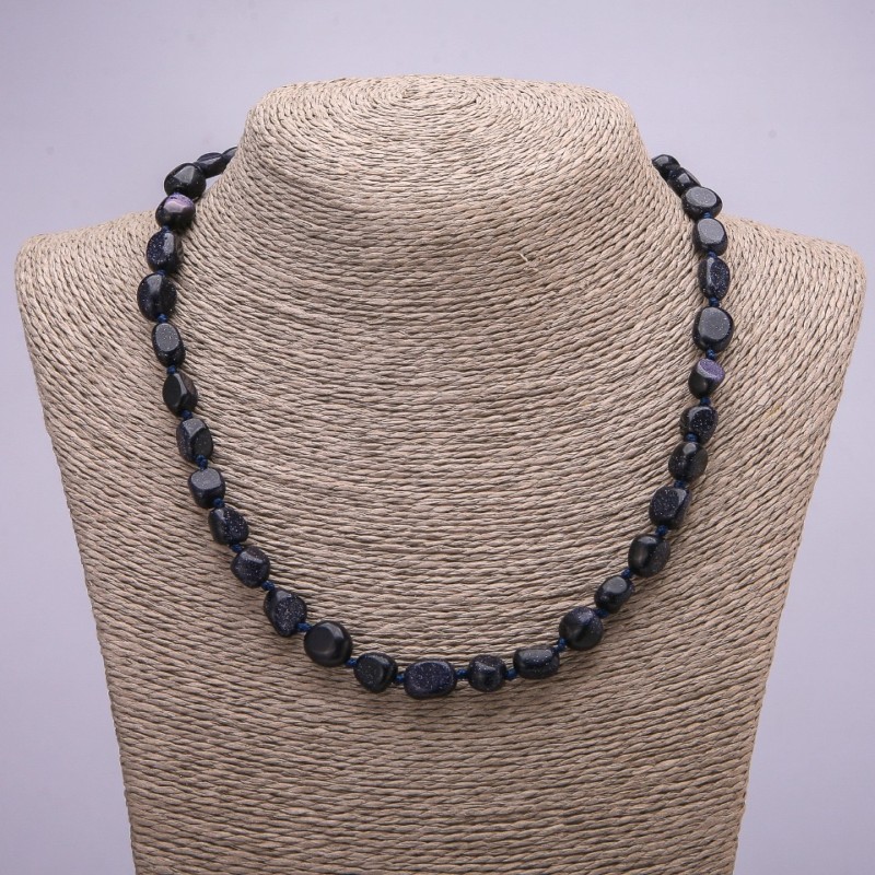 Necklace with Aventurine Stone 'Blue Sand' Cairo Night Faceting 8x10(±)mm, length 45 cm