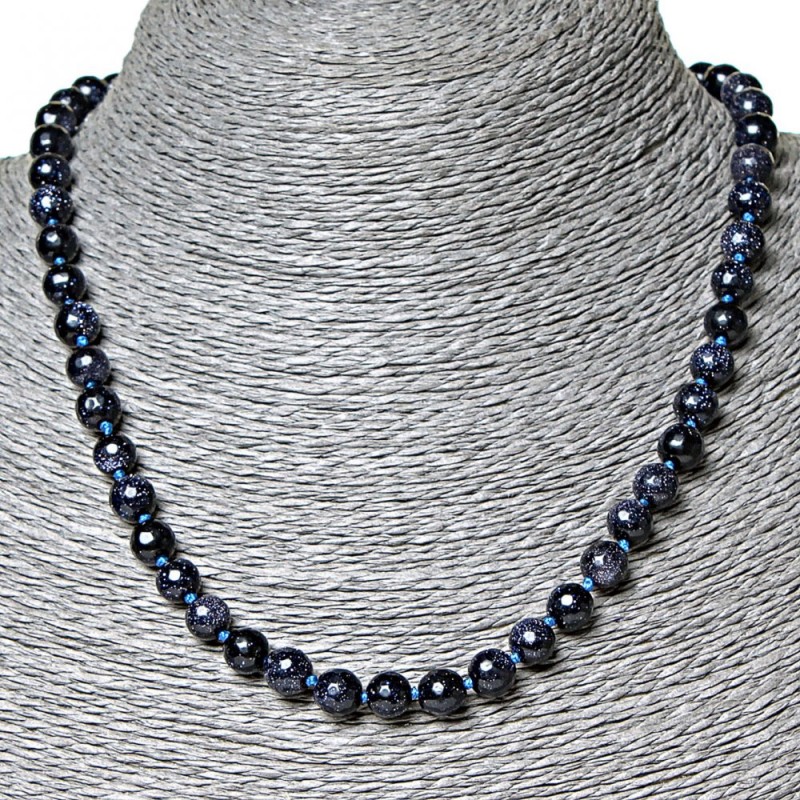 Aventurine Necklace (synthetic) Blue Sand Night of Cairo, 8mm Faceted Bead, 45cm Length