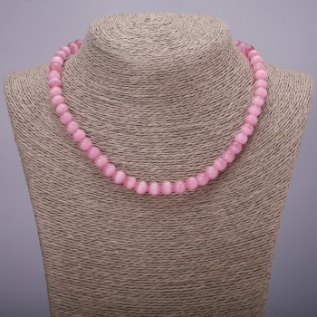 Pink Cat's-Eye Bead Necklace with Smooth Beads, 8 mm Diameter, 42 cm Length