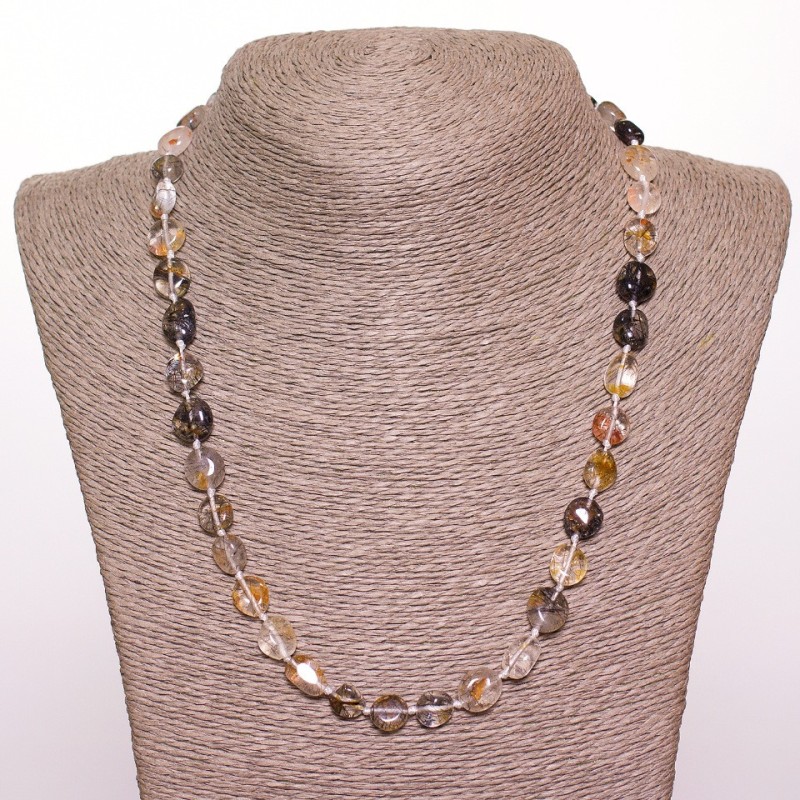 Necklace of natural quartz stone 'Hairy' with flat faceting, 8–10 mm diameter, 50 cm long