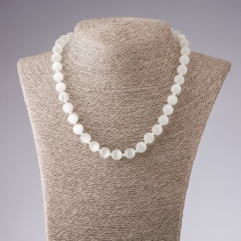 White Cat's-Eye Bead Necklace, Pearl-like Smooth Beads, 10mm Diameter, 45cm Length