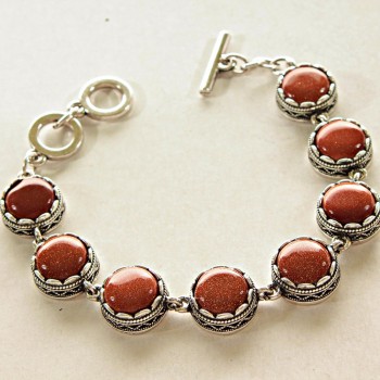 Clearance. Aventurine Bracelet 'Golden Sand' Bezel 'Tooth' with seven round stones, diameters 14 and 15 mm, length 18–21 cm