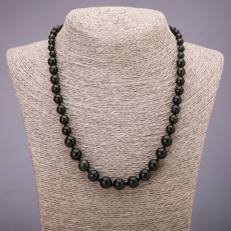 Beaded Necklace of Natural Sun Obsidian with Graduated Smooth Beads, 6–10 mm Diameter, 50 cm Length