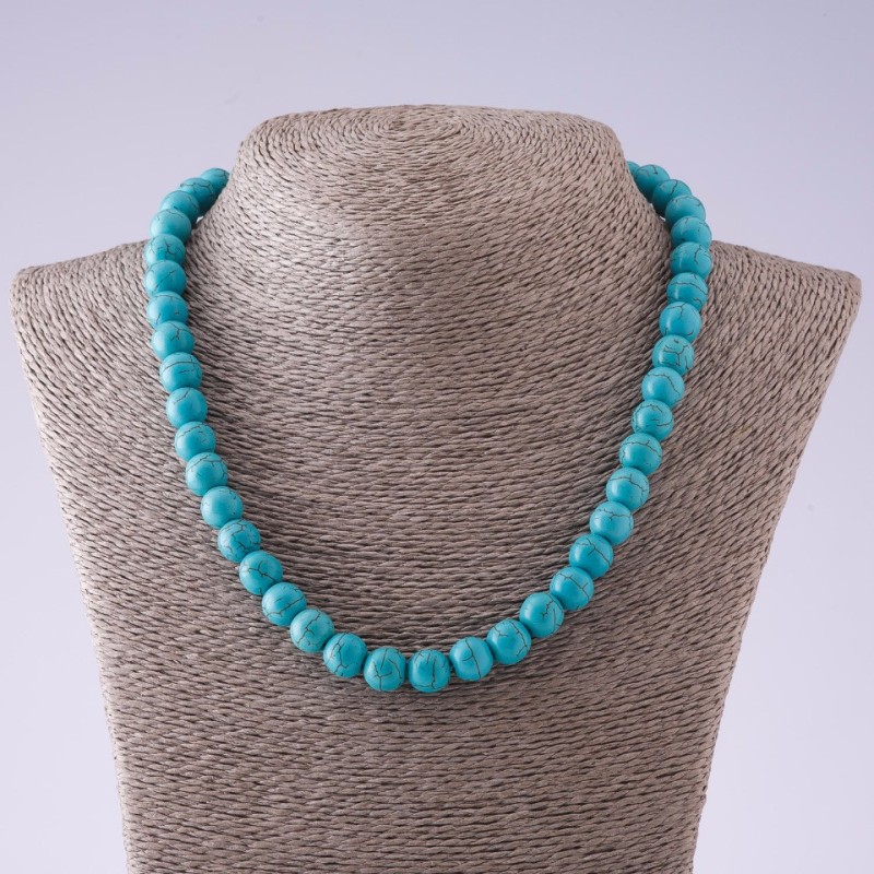 Necklace of natural green turquoise stone (pressed) with veining, 10 mm bead diameter, 46 cm length, without knots