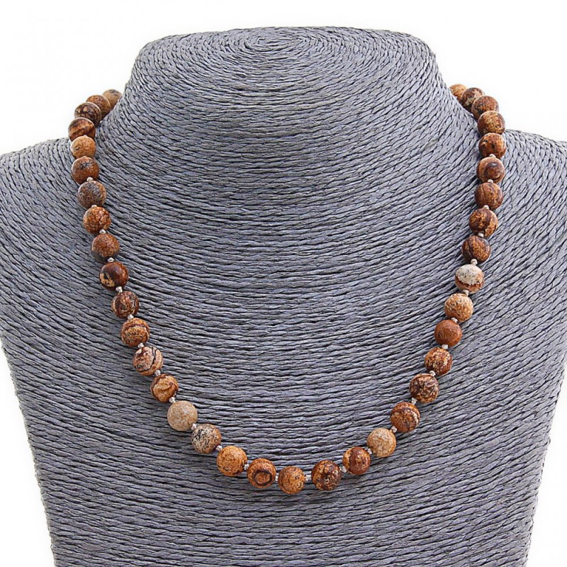 Landscape Jasper Necklace, natural stone, smooth 8mm beads, length 47 cm