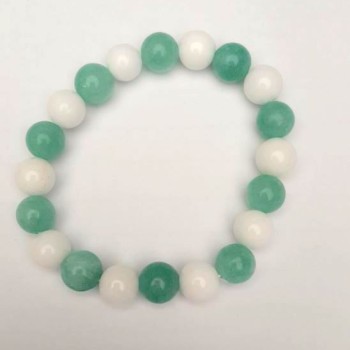 Bracelet with White Agate and Aquamarine Imitation, Smooth Beads, 10 mm Diameter, 18 cm Length (Stretch)