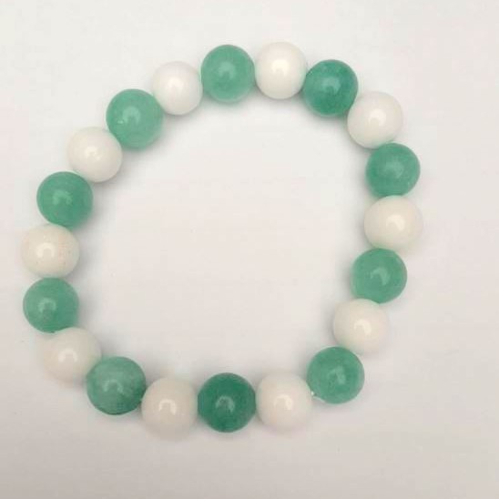 Bracelet with White Agate and Aquamarine Imitation, Smooth Beads, 10 mm Diameter, 18 cm Length (Stretch)