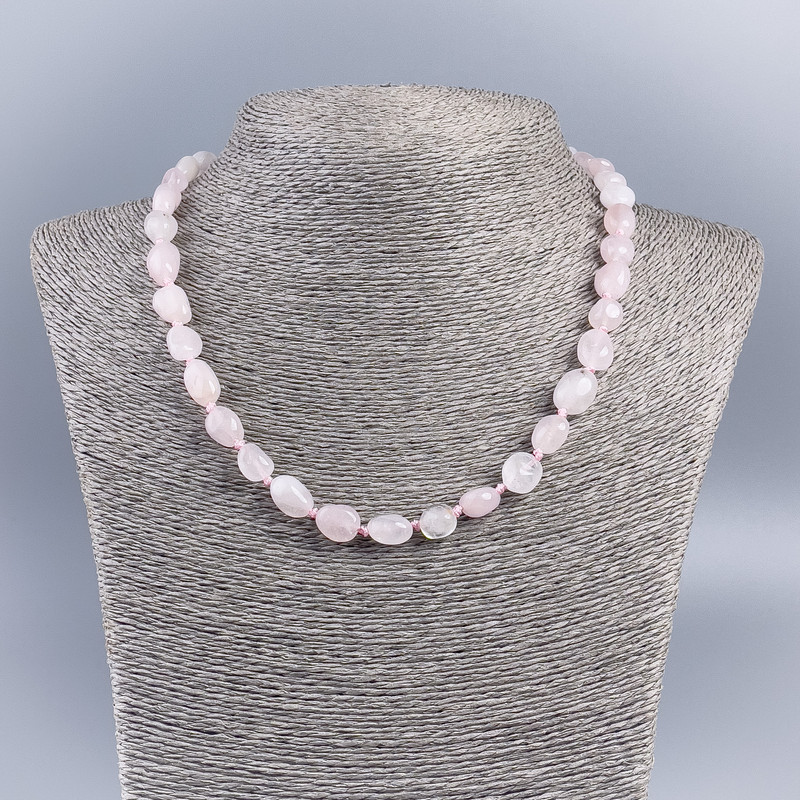 Rose quartz natural stone necklace with faceted beads, diameter 9×10–12 mm, length 48 cm+