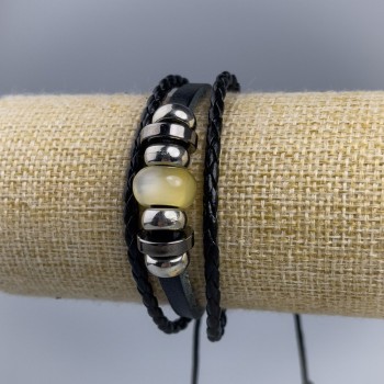 Eco-leather bracelet with yellow Cat's Eye bead on drawstrings, 1 pc