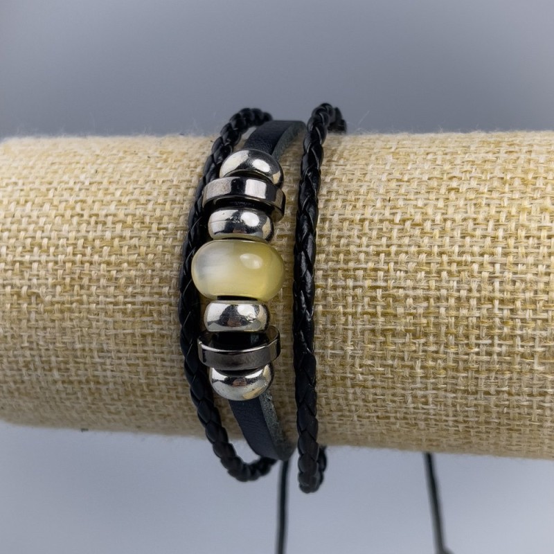 Eco-leather bracelet with yellow Cat's Eye bead on drawstrings, 1 pc