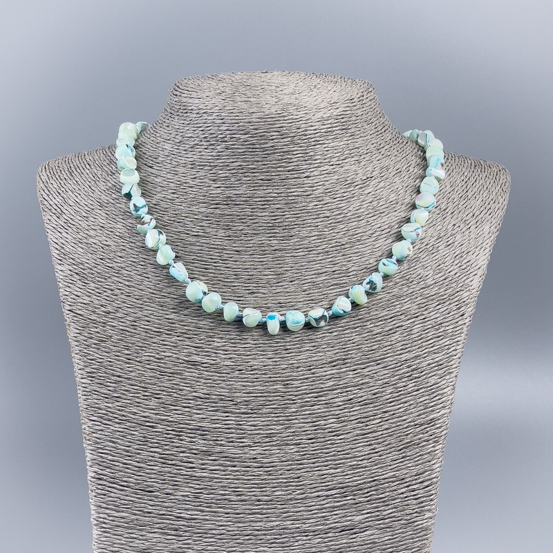 Necklace made of natural mother-of-pearl (tone ) azure round cabochon bead, diameter 8mm+-, length 48cm+-