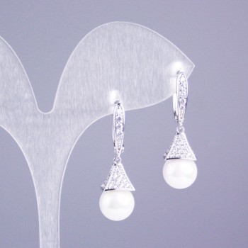 Xuping Rhodium-Plated Earrings with White Crystals and Majorca Pearl 30x10mm+