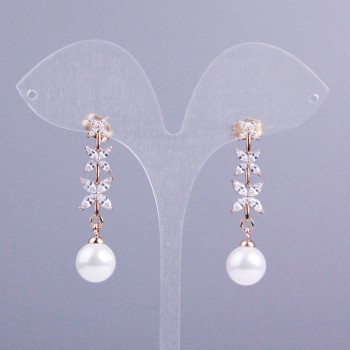 Xuping Stud Earrings with 18K Gold Plating, Long, 40 mm Length +/- with White Stones and Mallorca Pearl, 10 mm Diameter