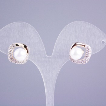 Xuping Stud Earrings with 18K Gold Plating, Square 14x14 mm ±, with White Crystals and Mallorca Pearl, Diameter about 8 mm