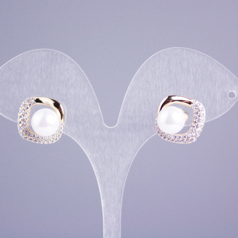 Xuping Stud Earrings with 18K Gold Plating, Square 14x14 mm ±, with White Crystals and Mallorca Pearl, Diameter about 8 mm